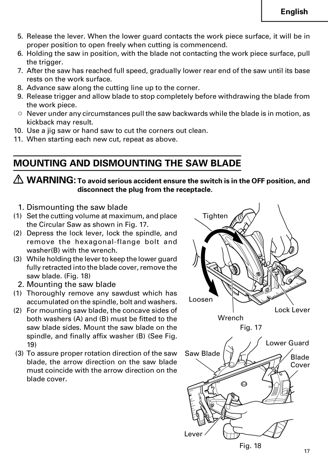 Hitachi C 7SB2, C 7BD2 Mounting and Dismounting the SAW Blade, Dismounting the saw blade, Mounting the saw blade 