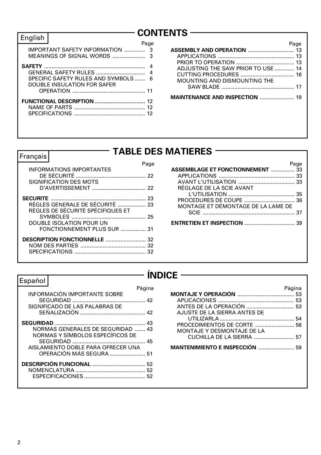 Hitachi C 7BD2, C 7SB2 instruction manual Contents, Table DES Matieres, Índice 