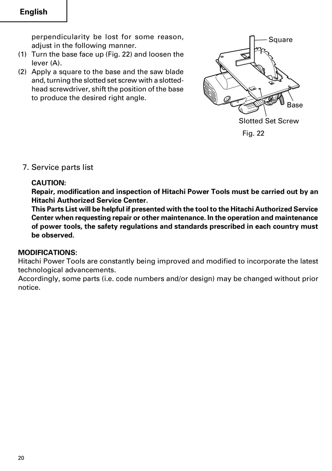 Hitachi C 7BD2, C 7SB2 instruction manual Service parts list, Modifications 