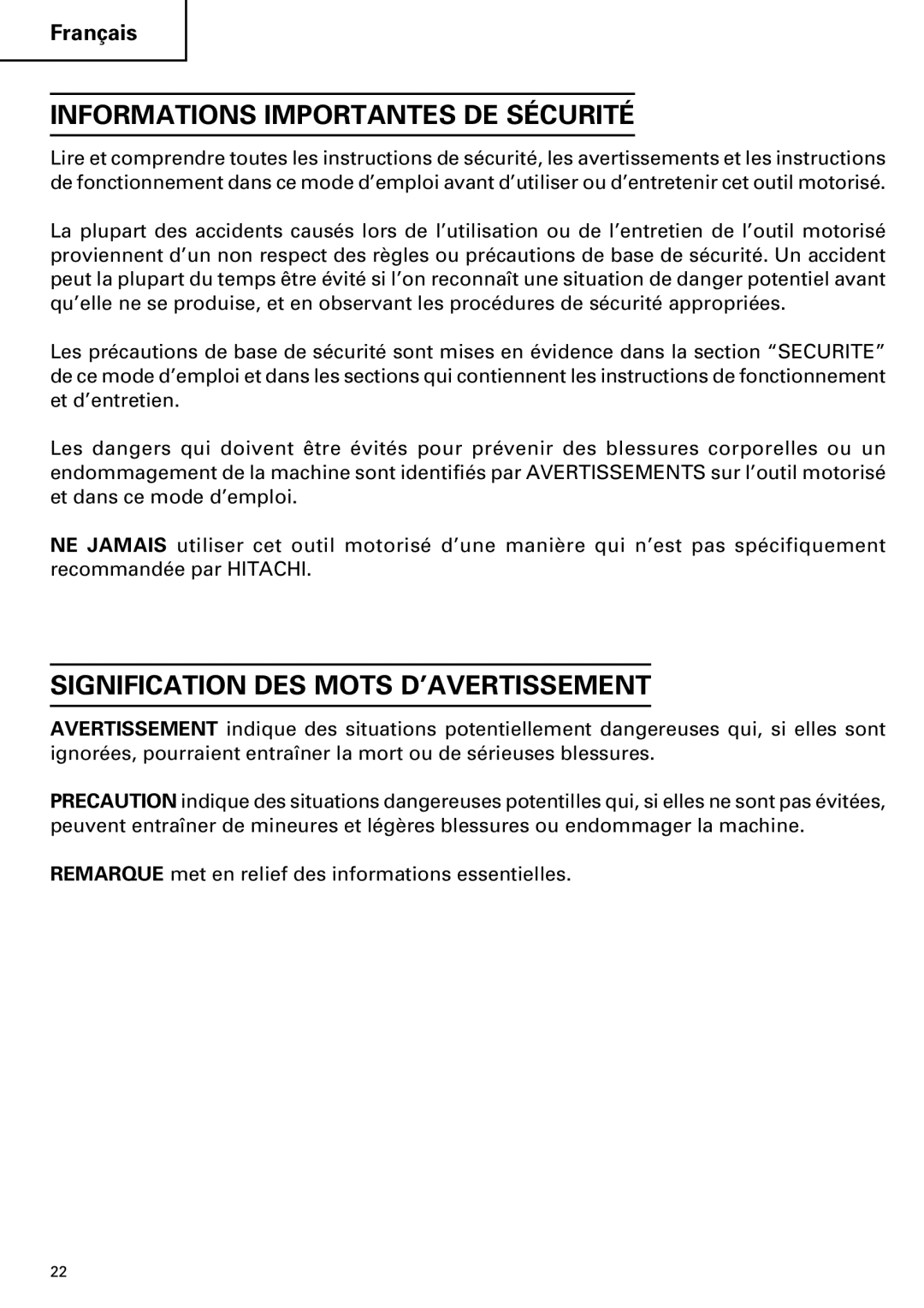 Hitachi C 7BD2, C 7SB2 instruction manual Informations Importantes DE Sécurité, Signification DES Mots D’AVERTISSEMENT 