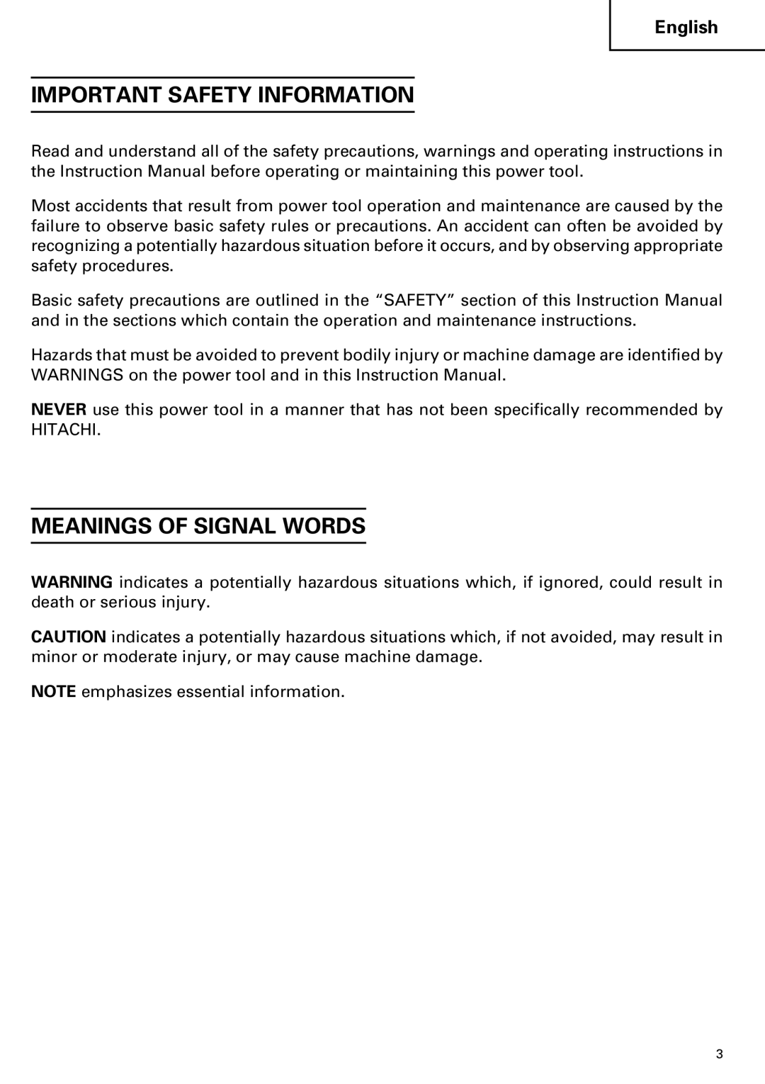 Hitachi C 7SB2, C 7BD2 instruction manual Important Safety Information, Meanings of Signal Words 