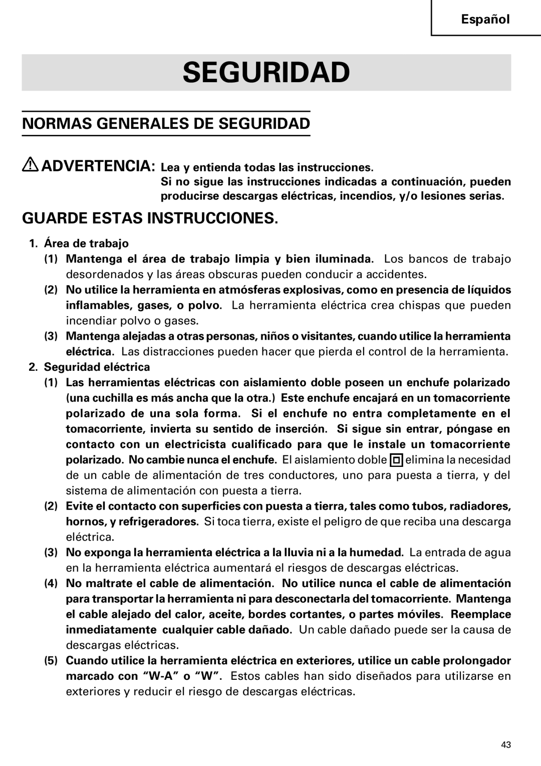 Hitachi C 7SB2, C 7BD2 instruction manual Normas Generales DE Seguridad, Guarde Estas Instrucciones, Seguridad eléctrica 