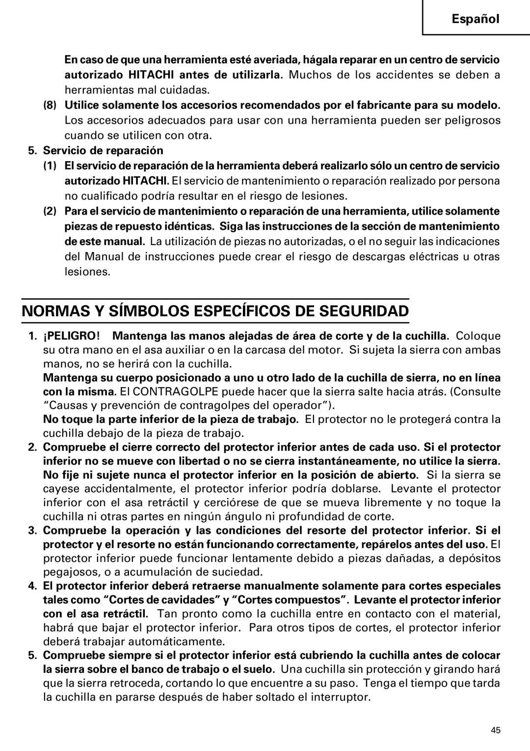 Hitachi C 7SB2, C 7BD2 instruction manual Normas Y Símbolos Específicos DE Seguridad 