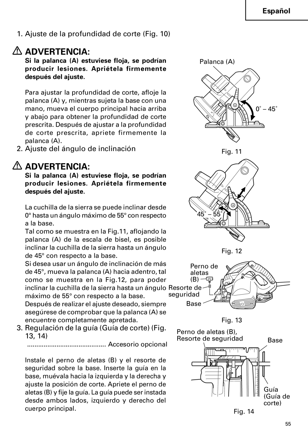 Hitachi C 7SB2, C 7BD2 instruction manual Ajuste de la profundidad de corte Fig, Ajuste del ángulo de inclinación 