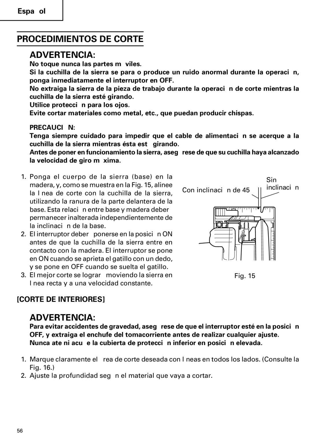 Hitachi C 7BD2, C 7SB2 instruction manual Procedimientos DE Corte Advertencia 