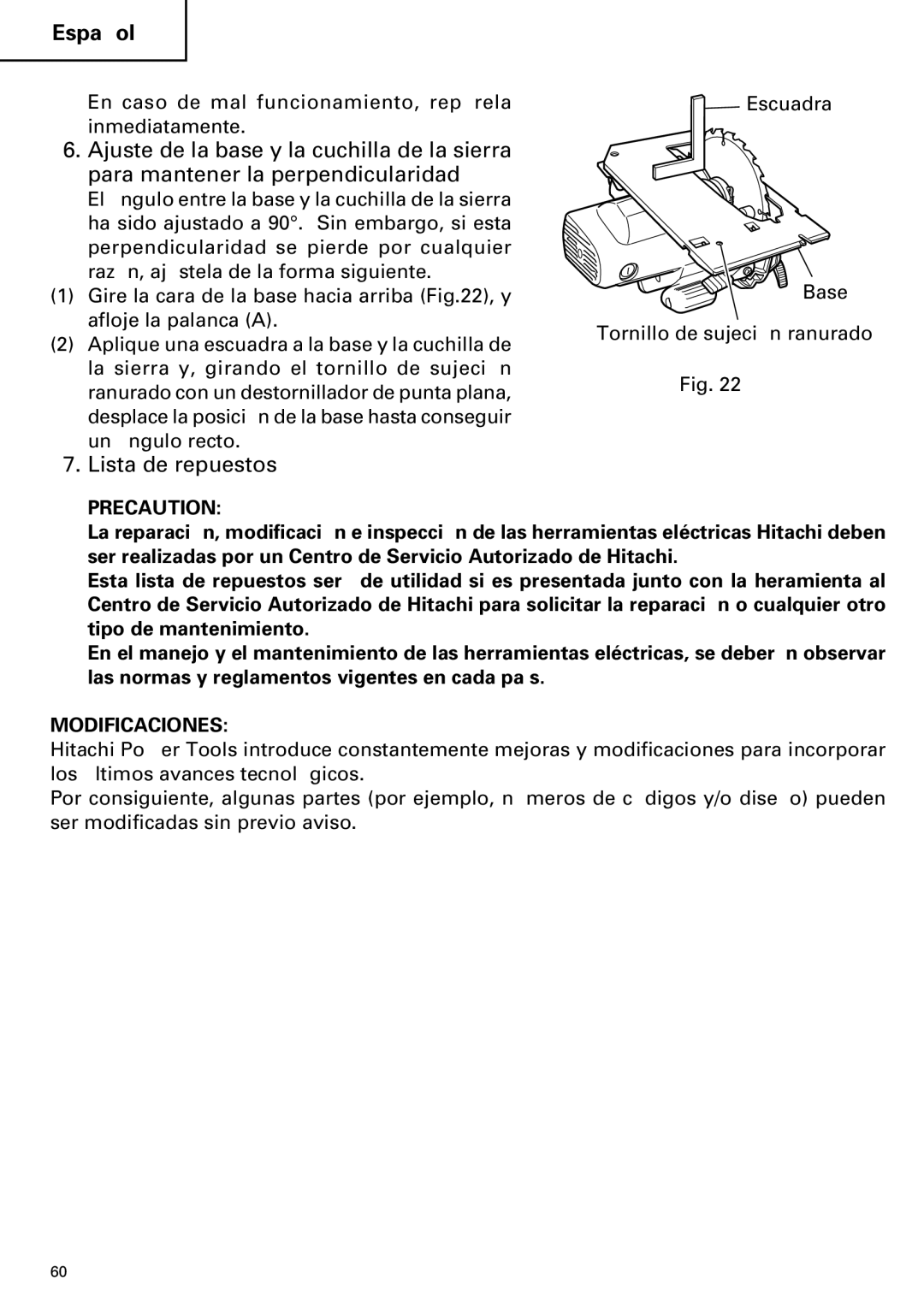 Hitachi C 7BD2, C 7SB2 instruction manual Lista de repuestos, Modificaciones 