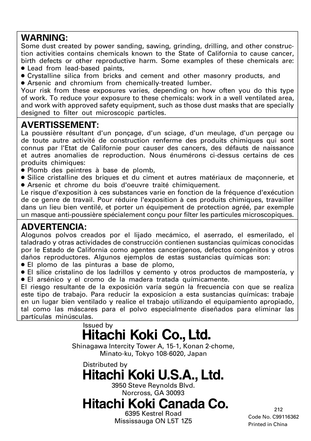 Hitachi C 7BD2, C 7SB2 instruction manual Hitachi Koki Canada Co 