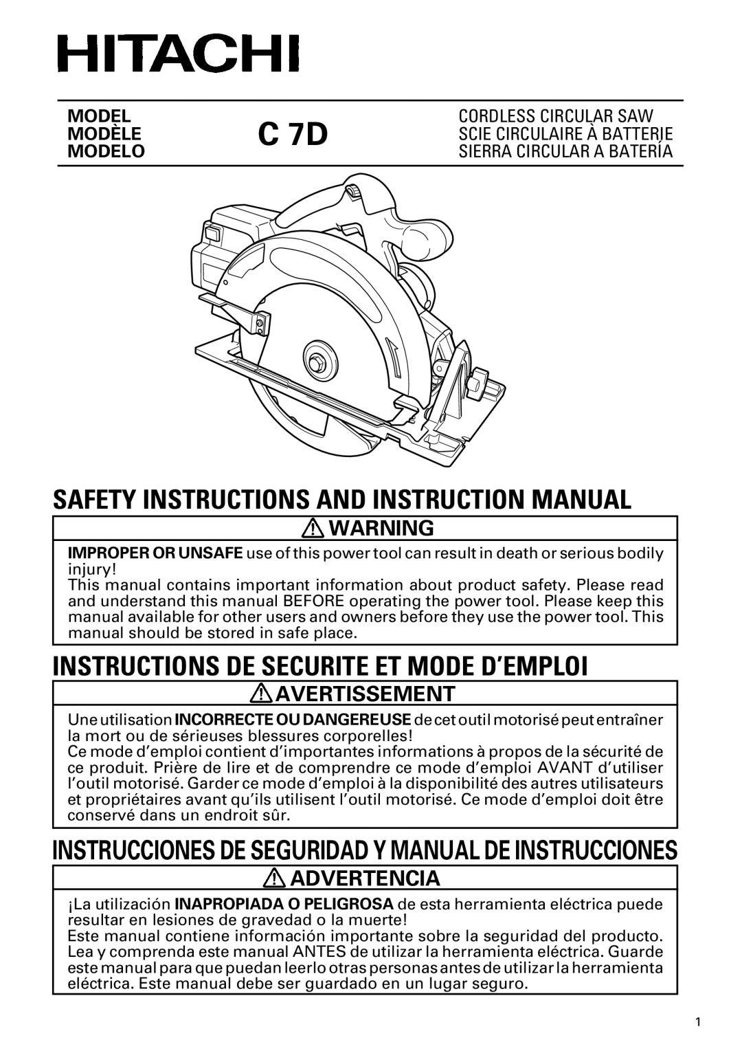 Hitachi C 7D instruction manual Avertissement, Modelo 