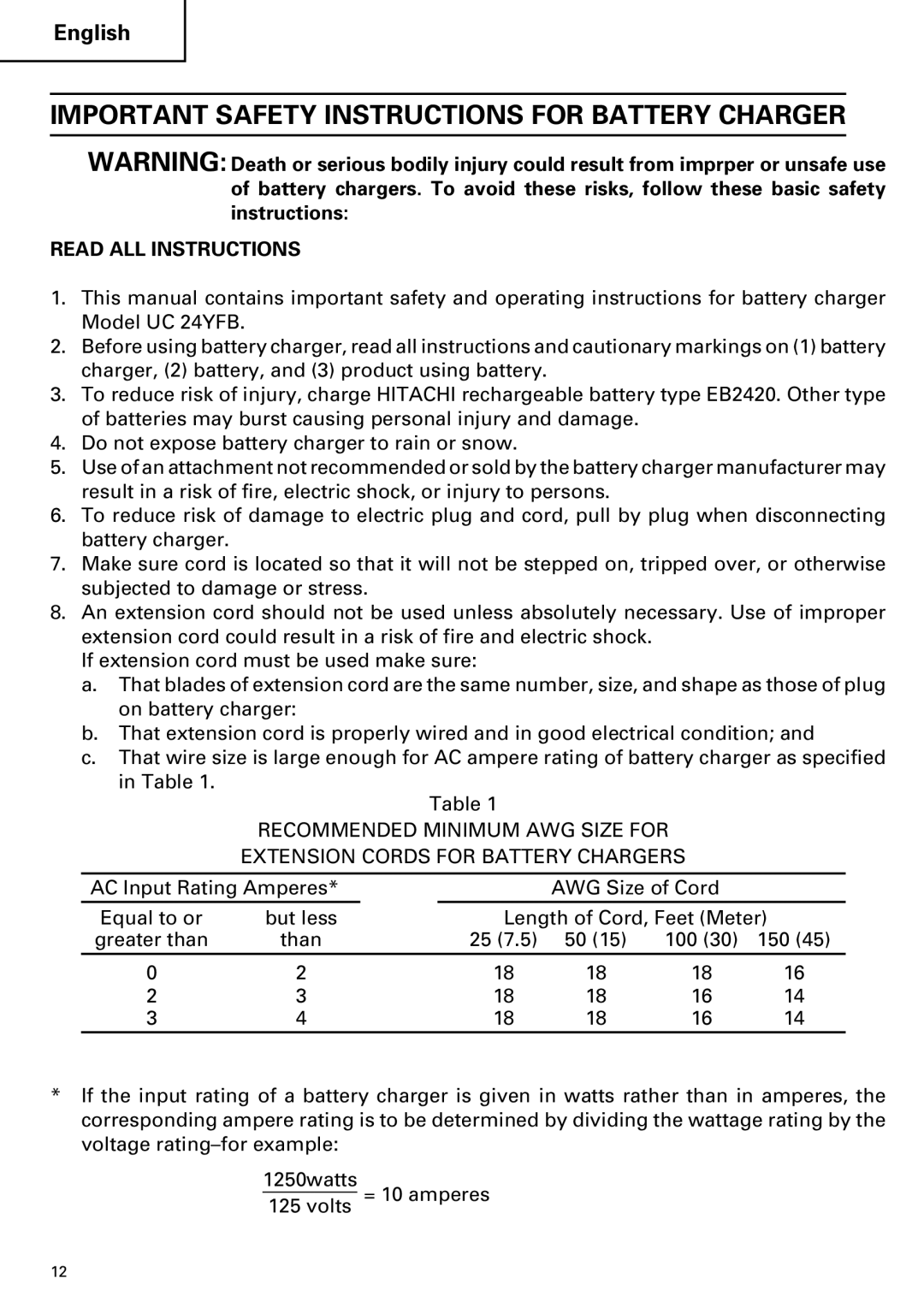 Hitachi C 7D instruction manual Important Safety Instructions for Battery Charger, Read ALL Instructions 