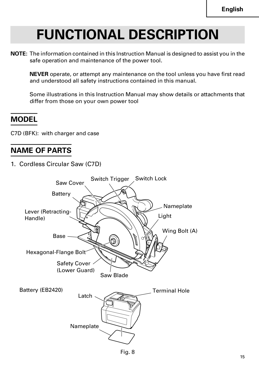 Hitachi C 7D instruction manual Functional Description, Model, Name of Parts, Cordless Circular Saw C7D 