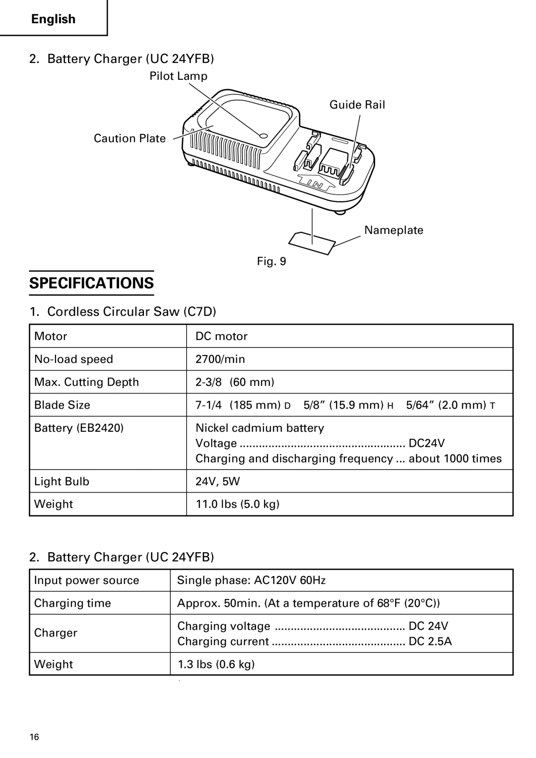 Hitachi C 7D instruction manual Specifications, Battery Charger UC 24YFB 