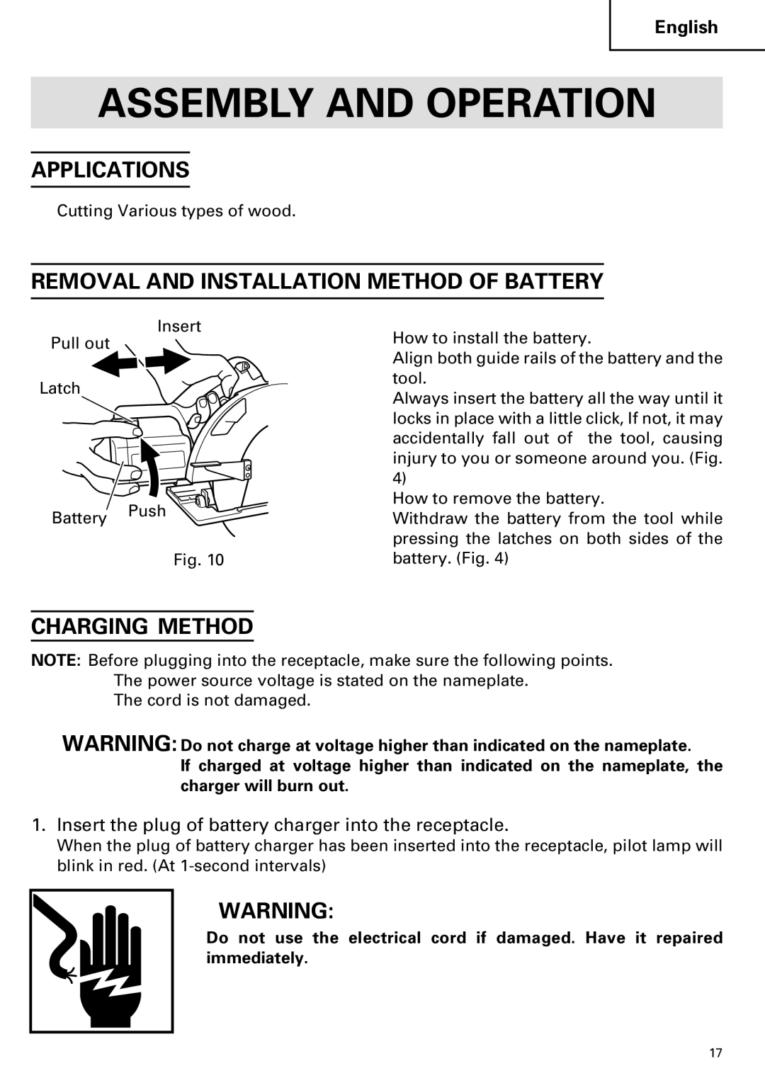 Hitachi C 7D Assembly and Operation, Applications, Removal and Installation Method of Battery, Charging Method 