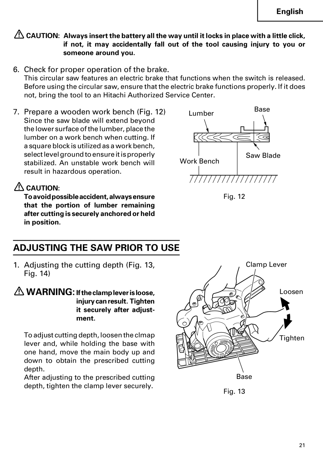 Hitachi C 7D Adjusting the SAW Prior to USE, Check for proper operation of the brake, Prepare a wooden work bench Fig 