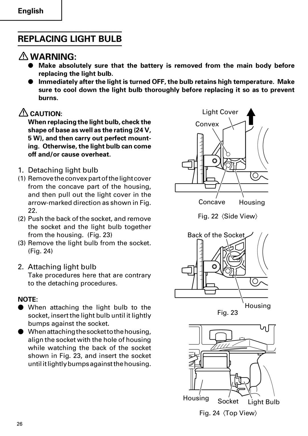 Hitachi C 7D instruction manual Replacing Light Bulb, Detaching light bulb, Attaching light bulb 