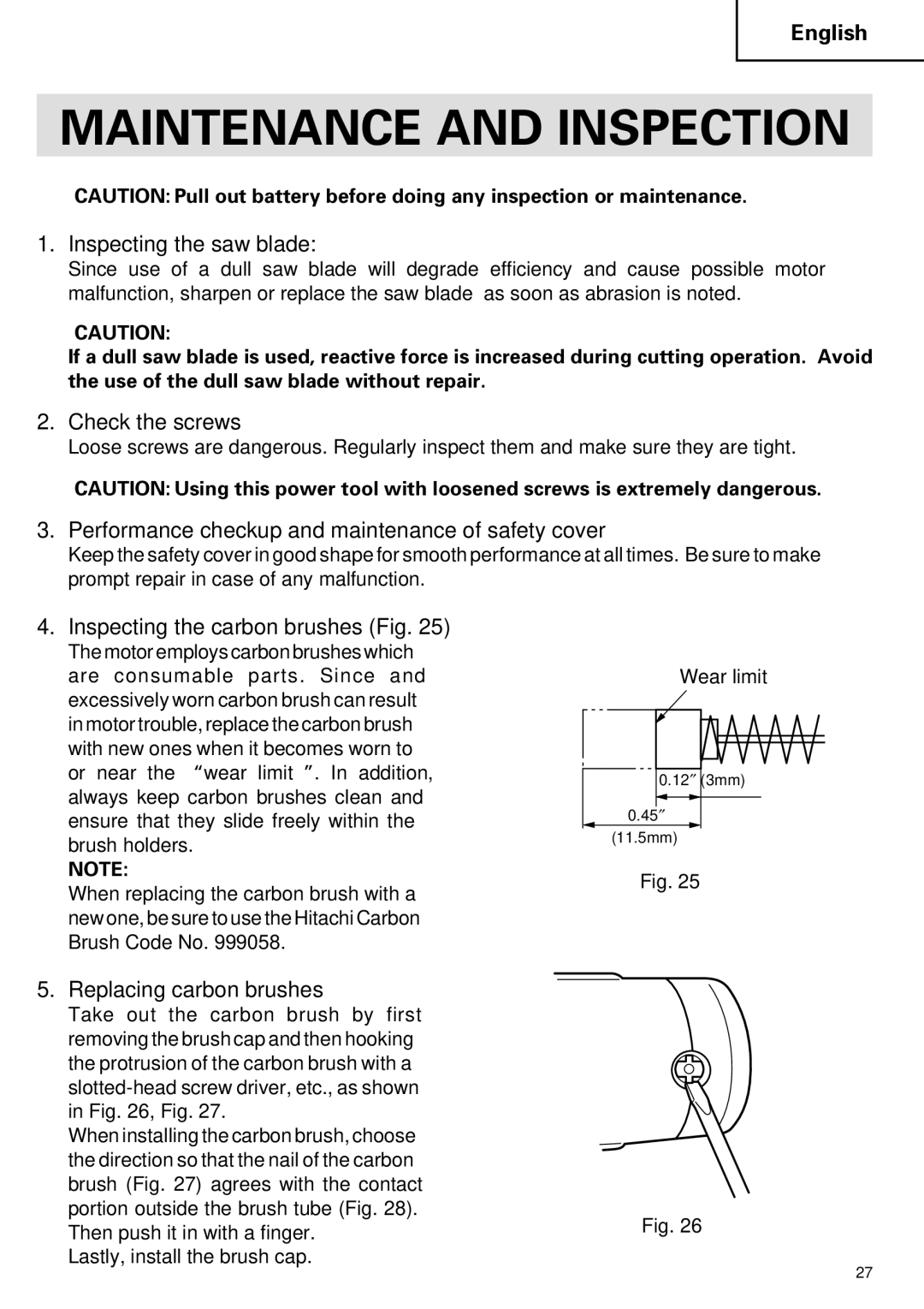 Hitachi C 7D instruction manual Maintenance and Inspection 