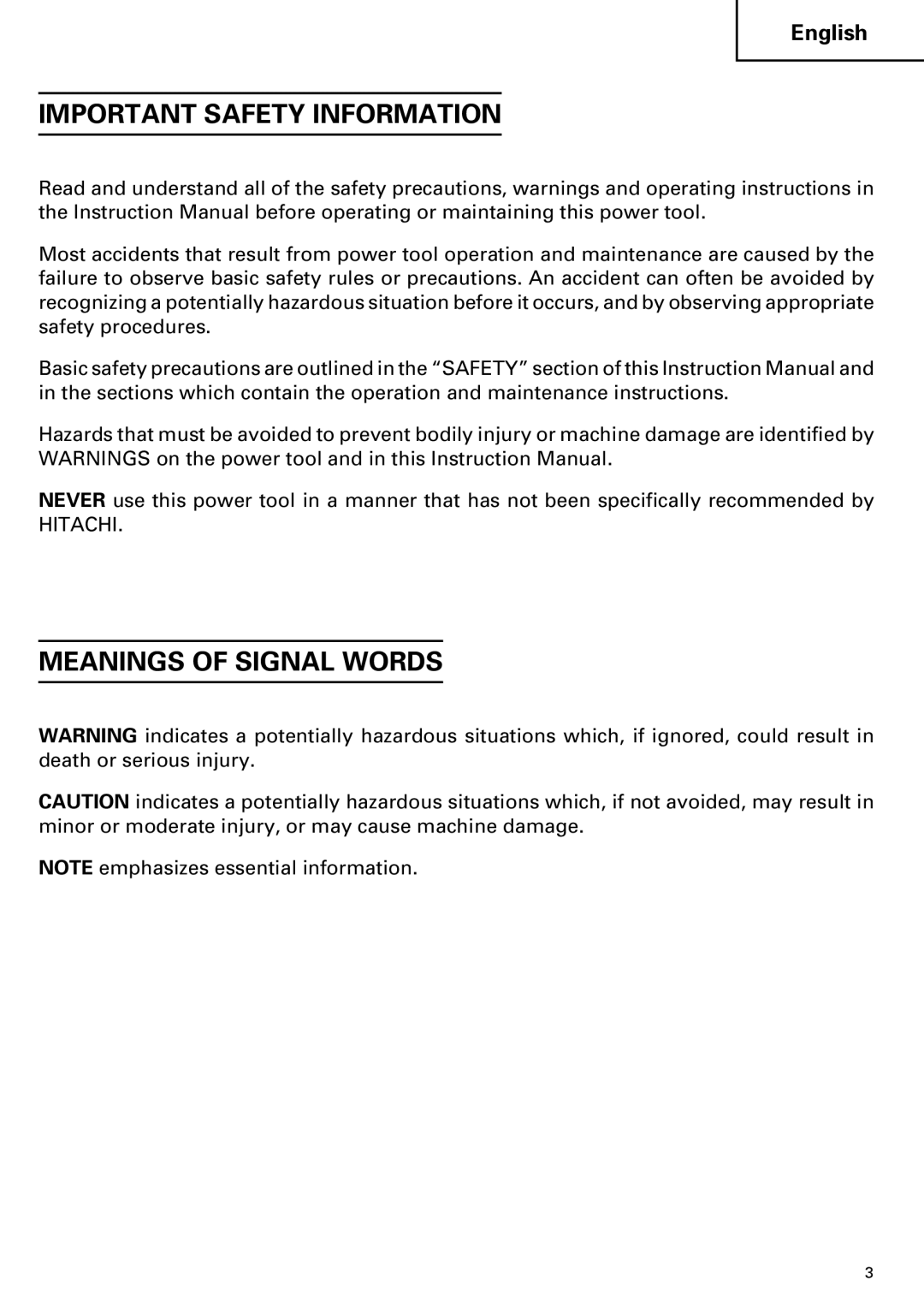 Hitachi C 7D instruction manual Important Safety Information, Meanings of Signal Words 