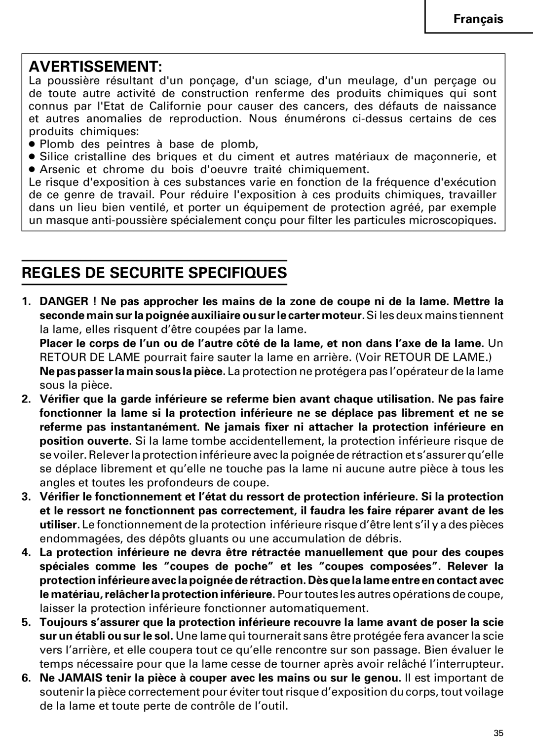 Hitachi C 7D instruction manual Avertissement, Regles DE Securite Specifiques 