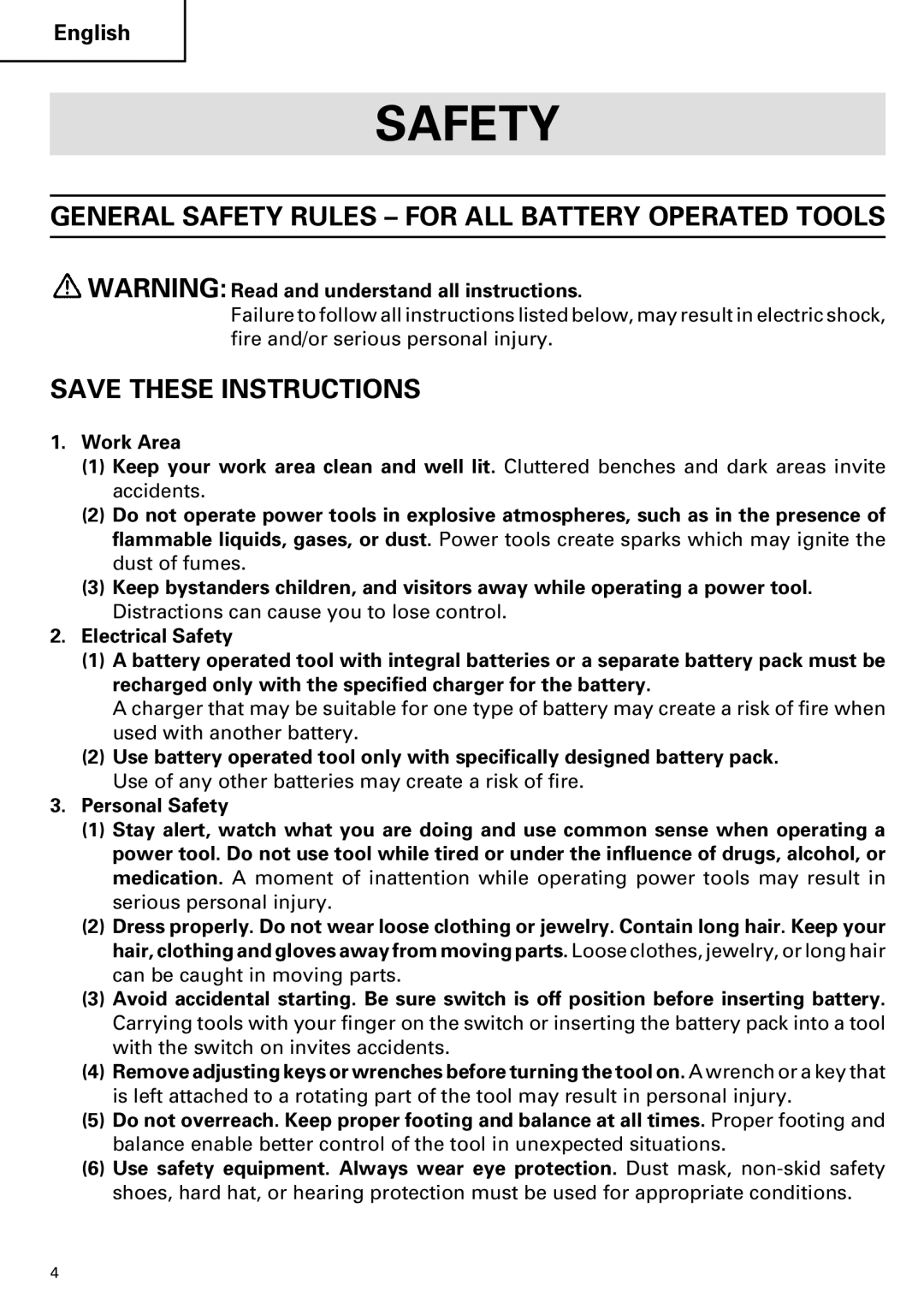 Hitachi C 7D instruction manual General Safety Rules for ALL Battery Operated Tools 