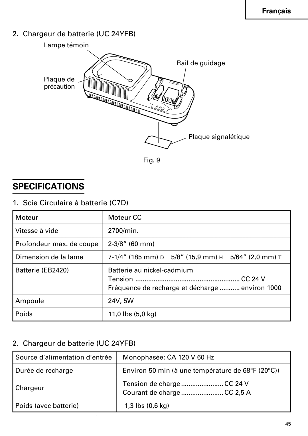 Hitachi C 7D instruction manual Specifications, Chargeur de batterie UC 24YFB 