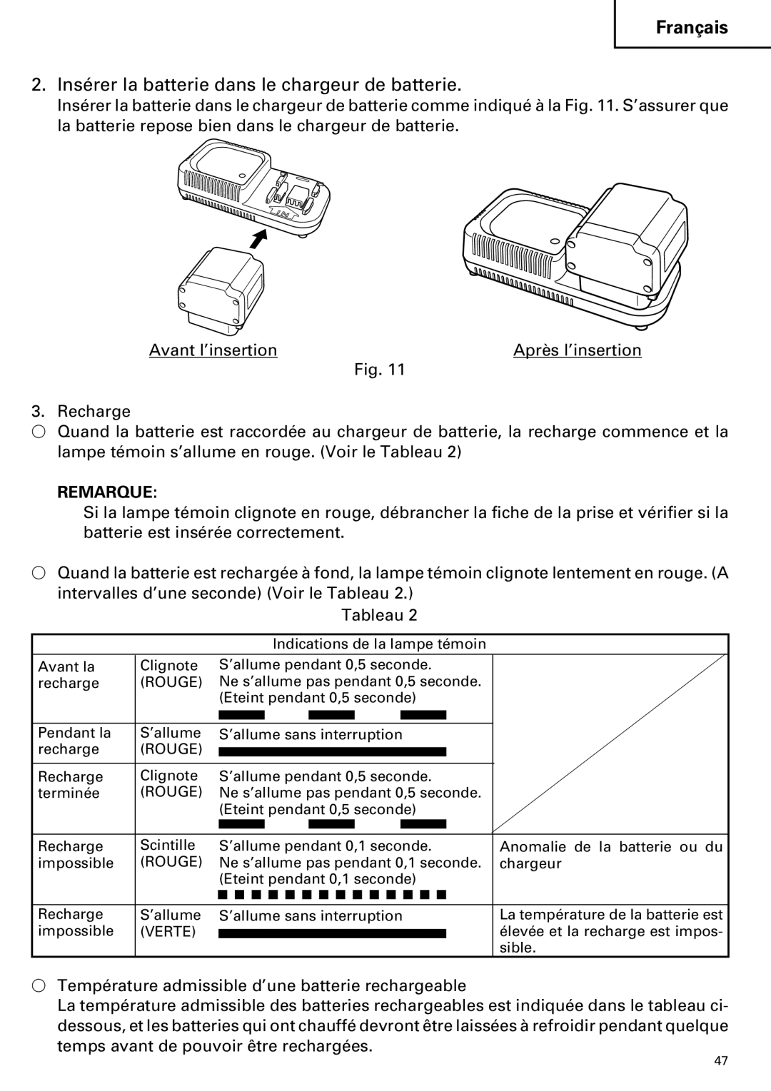 Hitachi C 7D instruction manual Insérer la batterie dans le chargeur de batterie, Rouge 