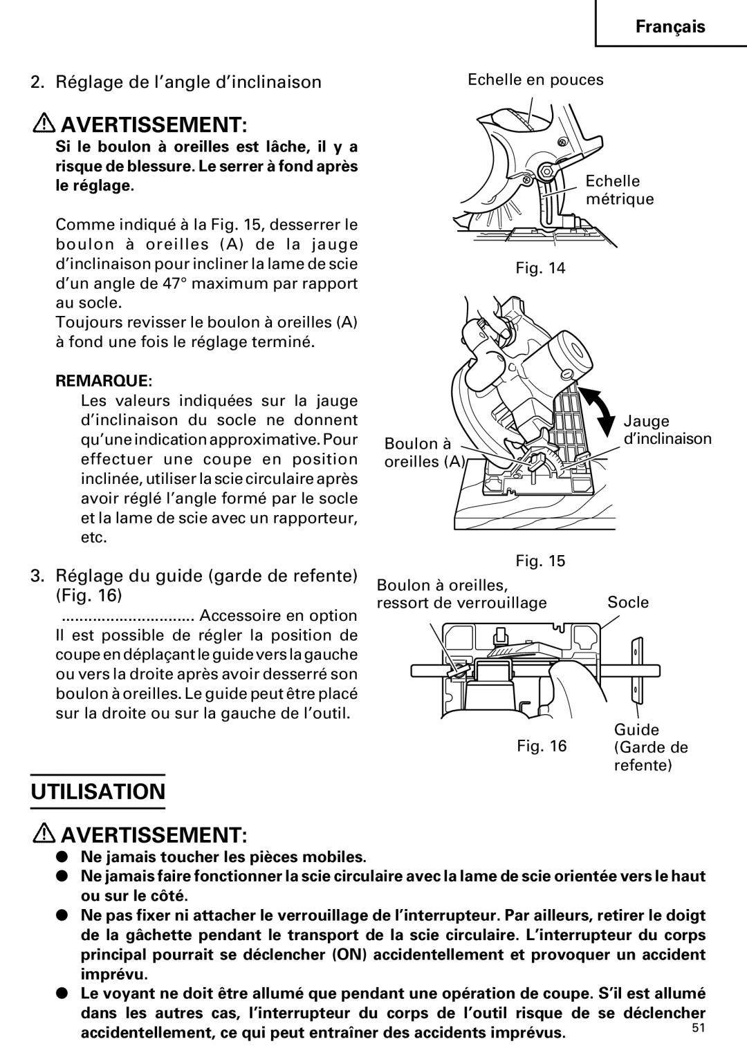 Hitachi C 7D Utilisation Avertissement, Réglage de l’angle d’inclinaison, Réglage du guide garde de refente Fig 