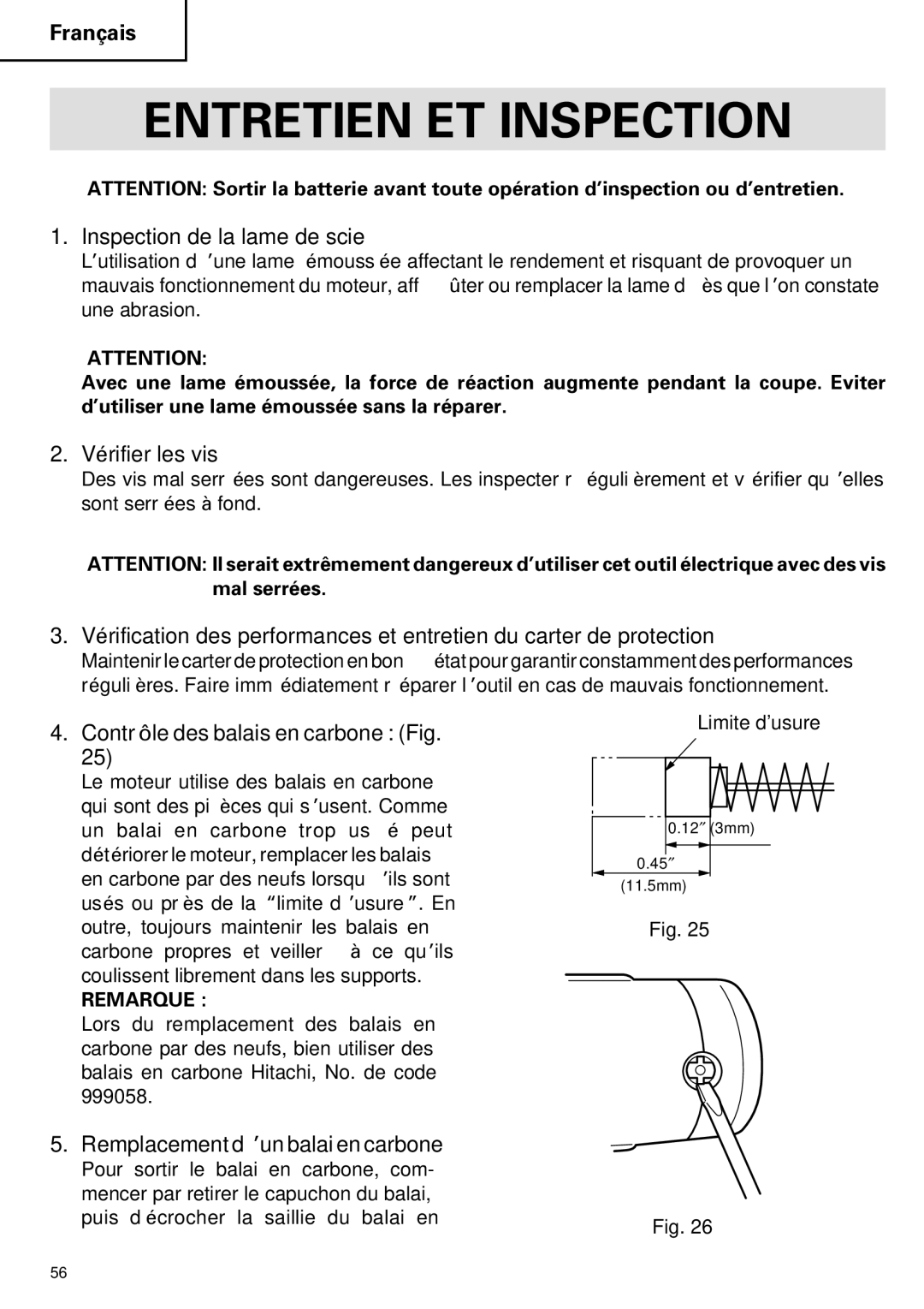 Hitachi C 7D Entretien ET Inspection, Inspection de la lame de scie, Vérifier les vis, Contrôle des balais en carbone Fig 