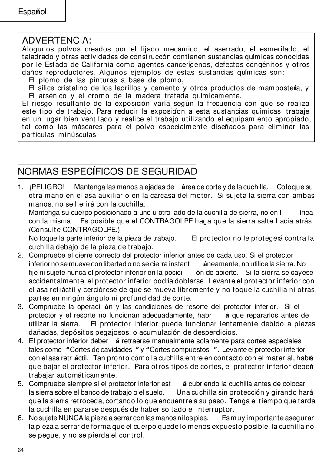 Hitachi C 7D instruction manual Advertencia, Normas Específicos DE Seguridad 