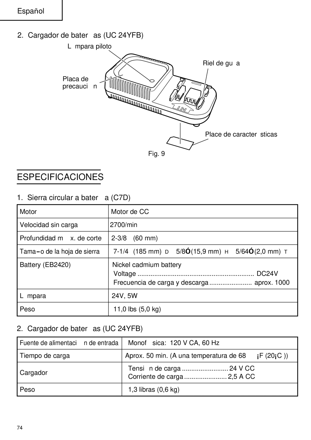 Hitachi C 7D instruction manual Especificaciones, Cargador de baterías UC 24YFB 