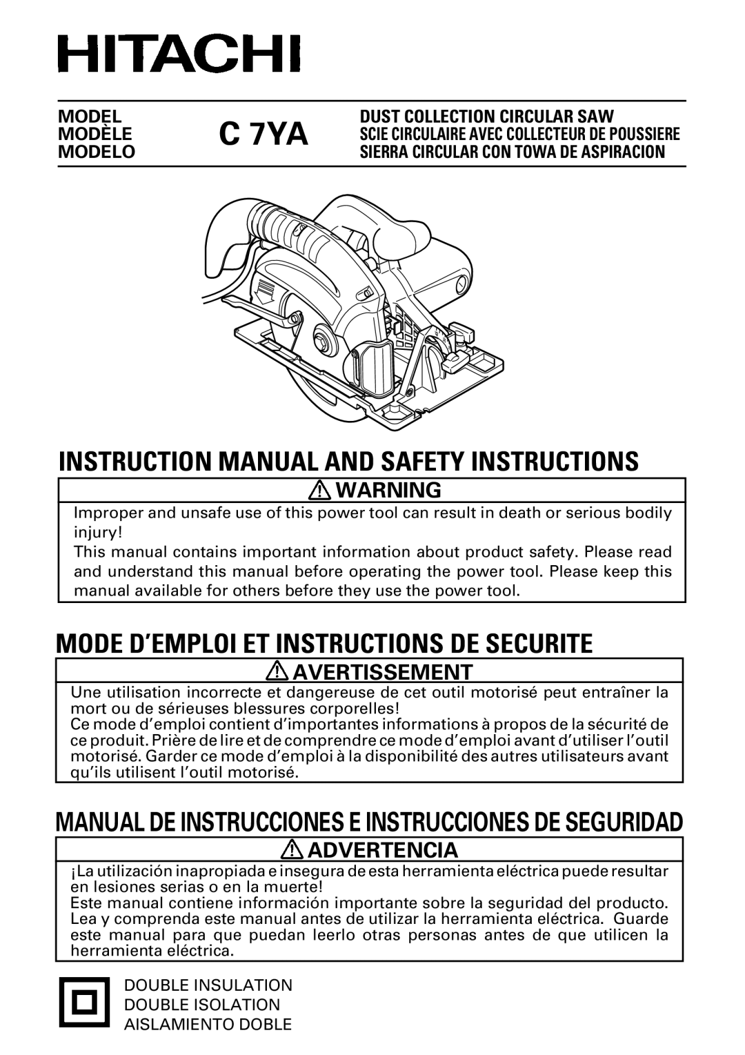 Hitachi C 7YA instruction manual Avertissement 