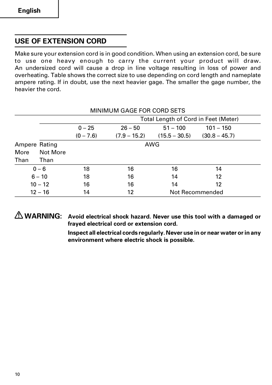 Hitachi C 7YA instruction manual USE of Extension Cord 