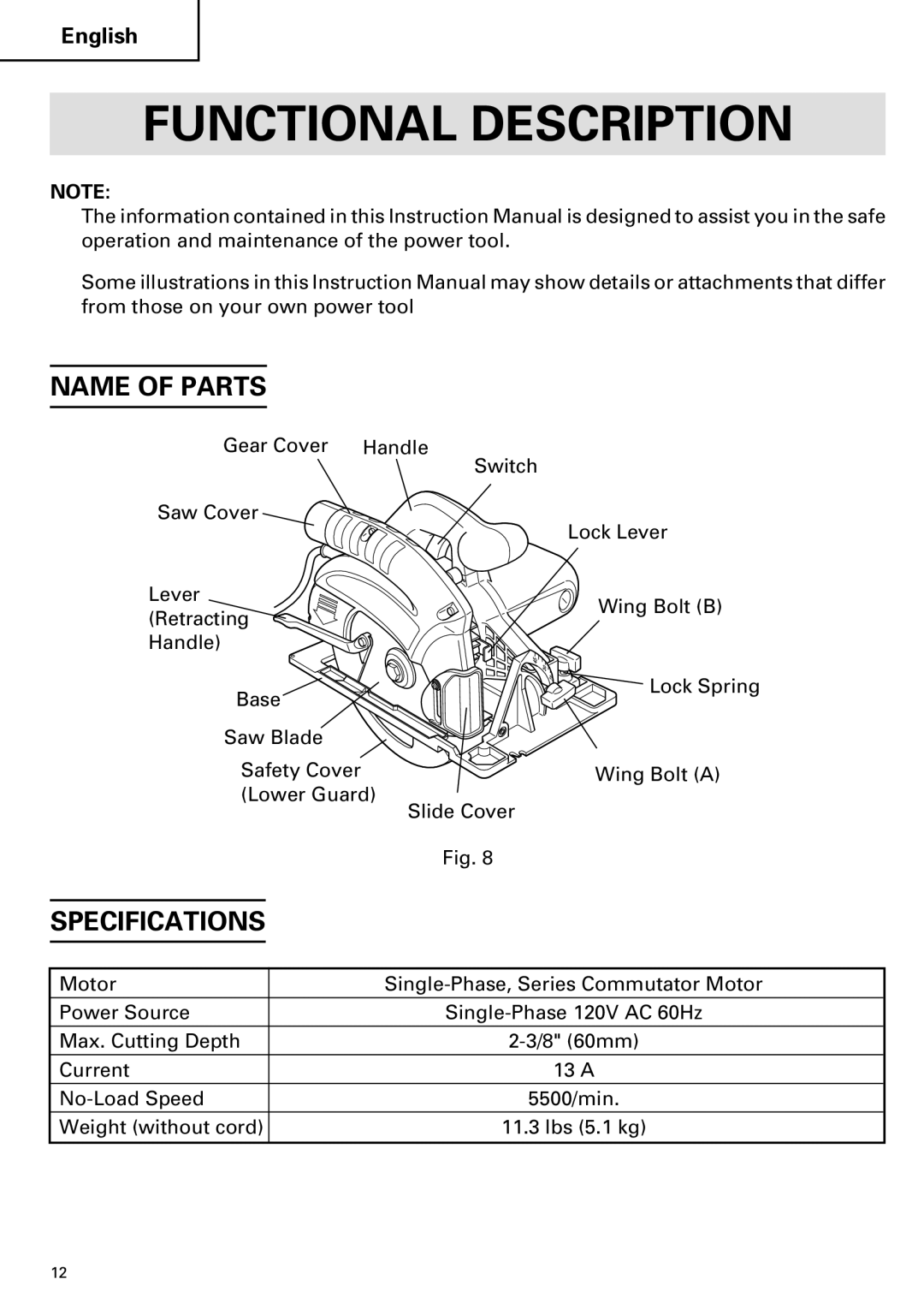 Hitachi C 7YA instruction manual Functional Description, Name of Parts, Specifications 