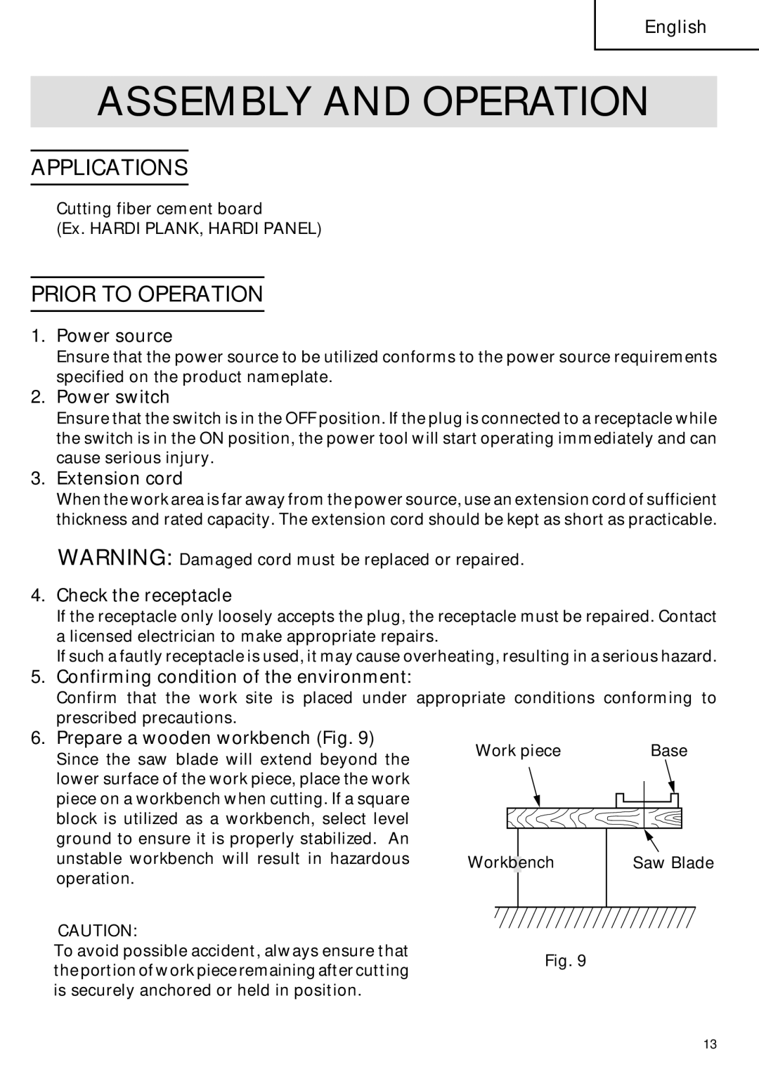 Hitachi C 7YA instruction manual Assembly and Operation, Applications, Prior to Operation 