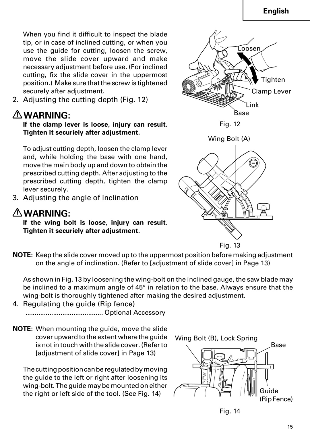 Hitachi C 7YA Adjusting the cutting depth Fig, Adjusting the angle of inclination, Regulating the guide Rip fence 