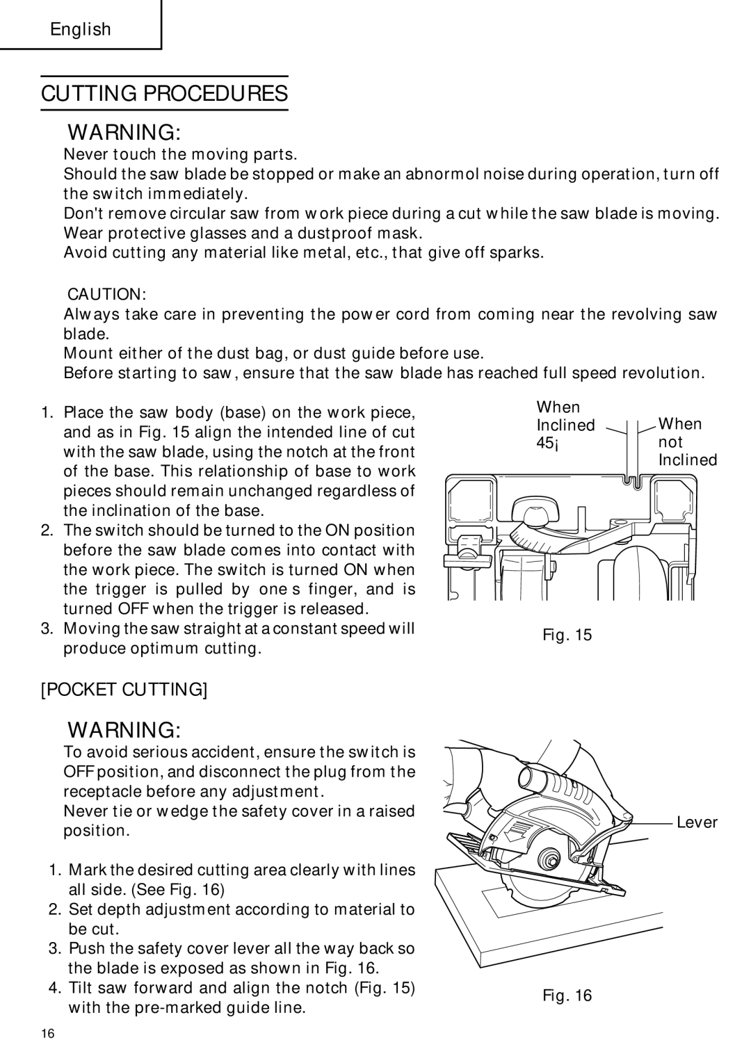 Hitachi C 7YA instruction manual Cutting Procedures, Pocket Cutting 