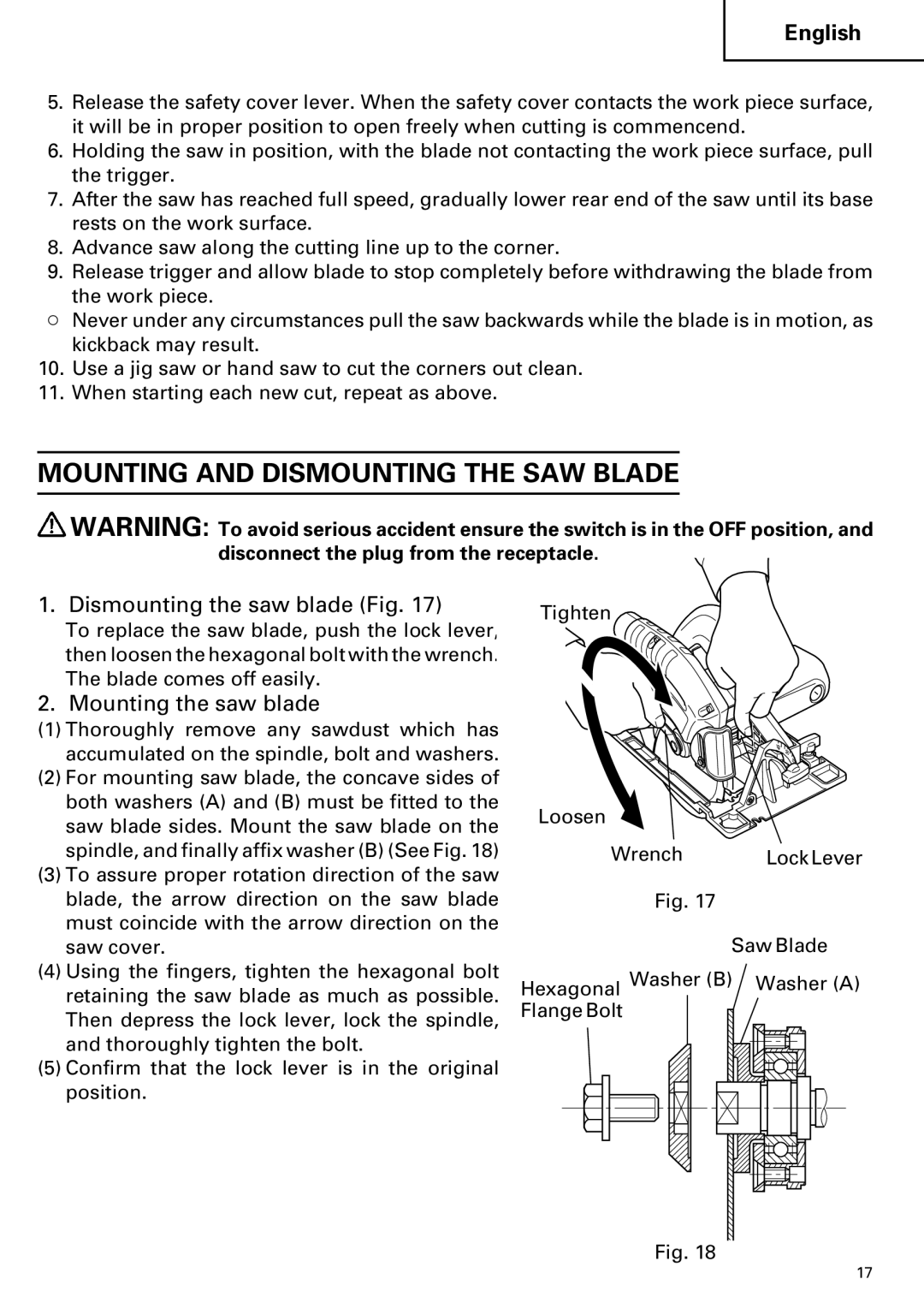 Hitachi C 7YA Mounting and Dismounting the SAW Blade, Dismounting the saw blade Fig, Mounting the saw blade 