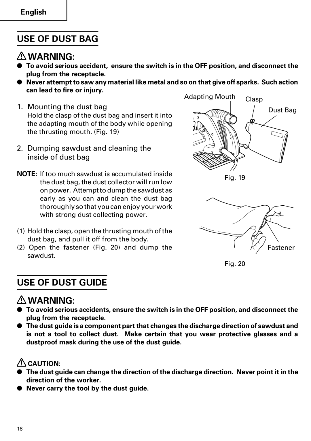 Hitachi C 7YA instruction manual USE of Dust BAG, USE of Dust Guide, Mounting the dust bag 