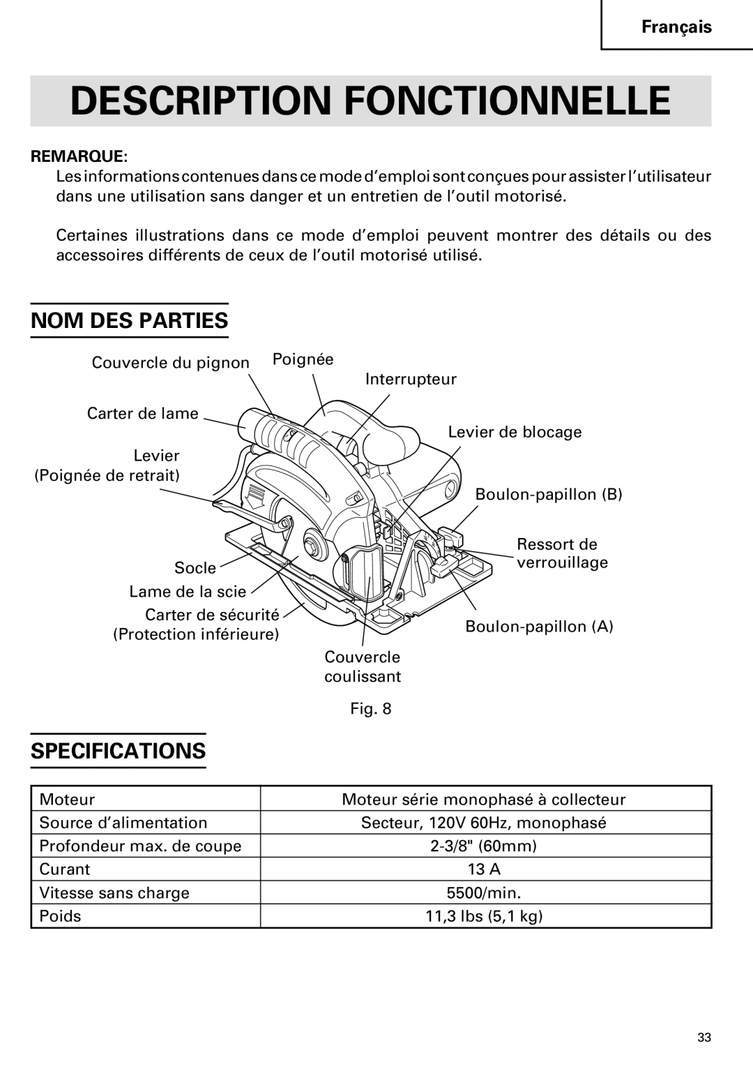 Hitachi C 7YA instruction manual Description Fonctionnelle, NOM DES Parties, Remarque 