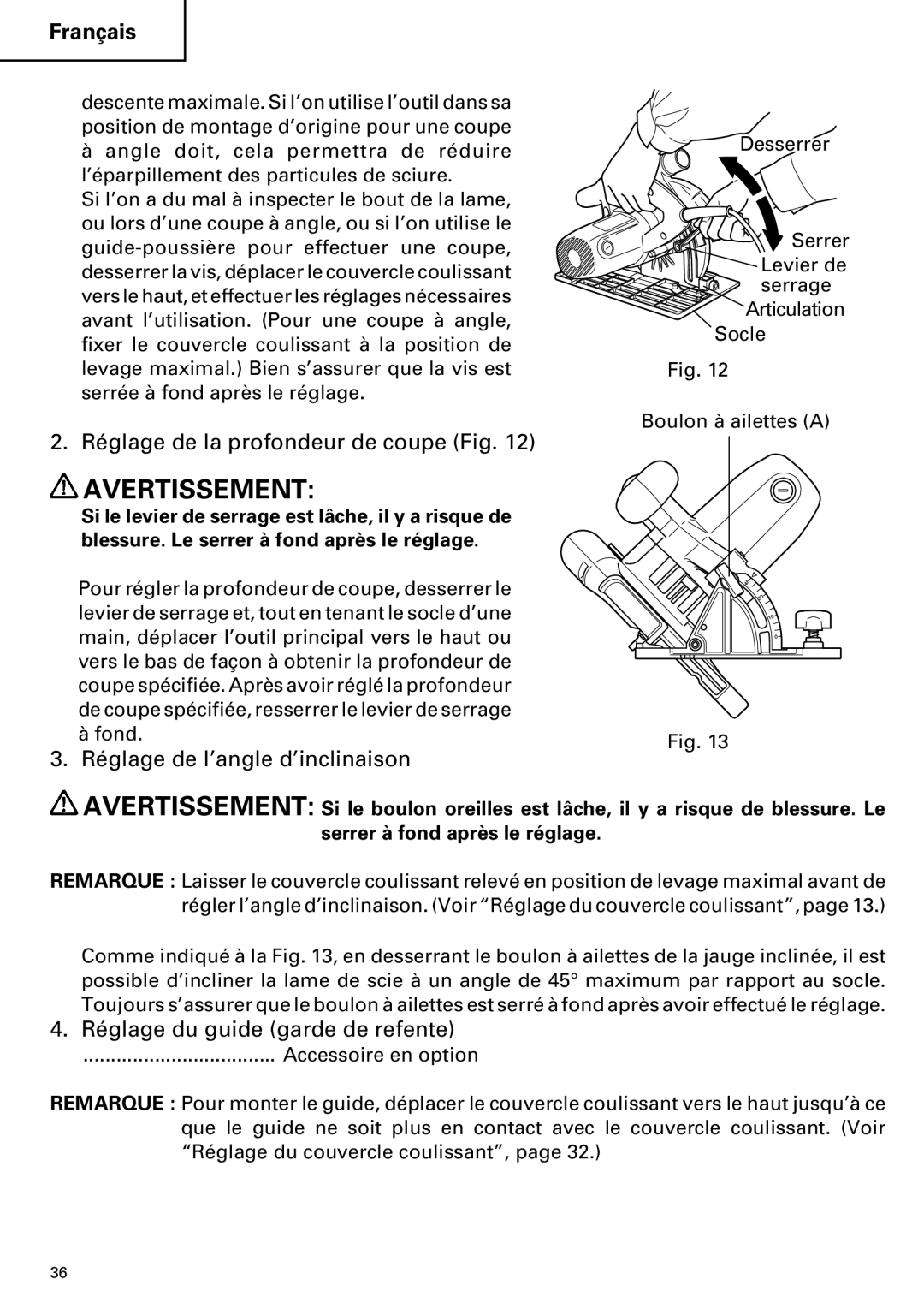 Hitachi C 7YA Réglage de la profondeur de coupe Fig, Réglage de l’angle d’inclinaison, Réglage du guide garde de refente 