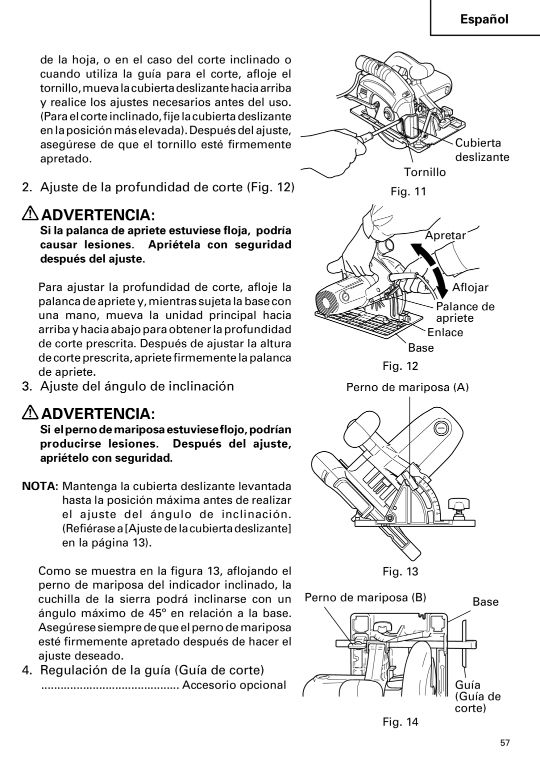 Hitachi C 7YA Ajuste de la profundidad de corte Fig, Ajuste del ángulo de inclinación, Regulación de la guía Guía de corte 