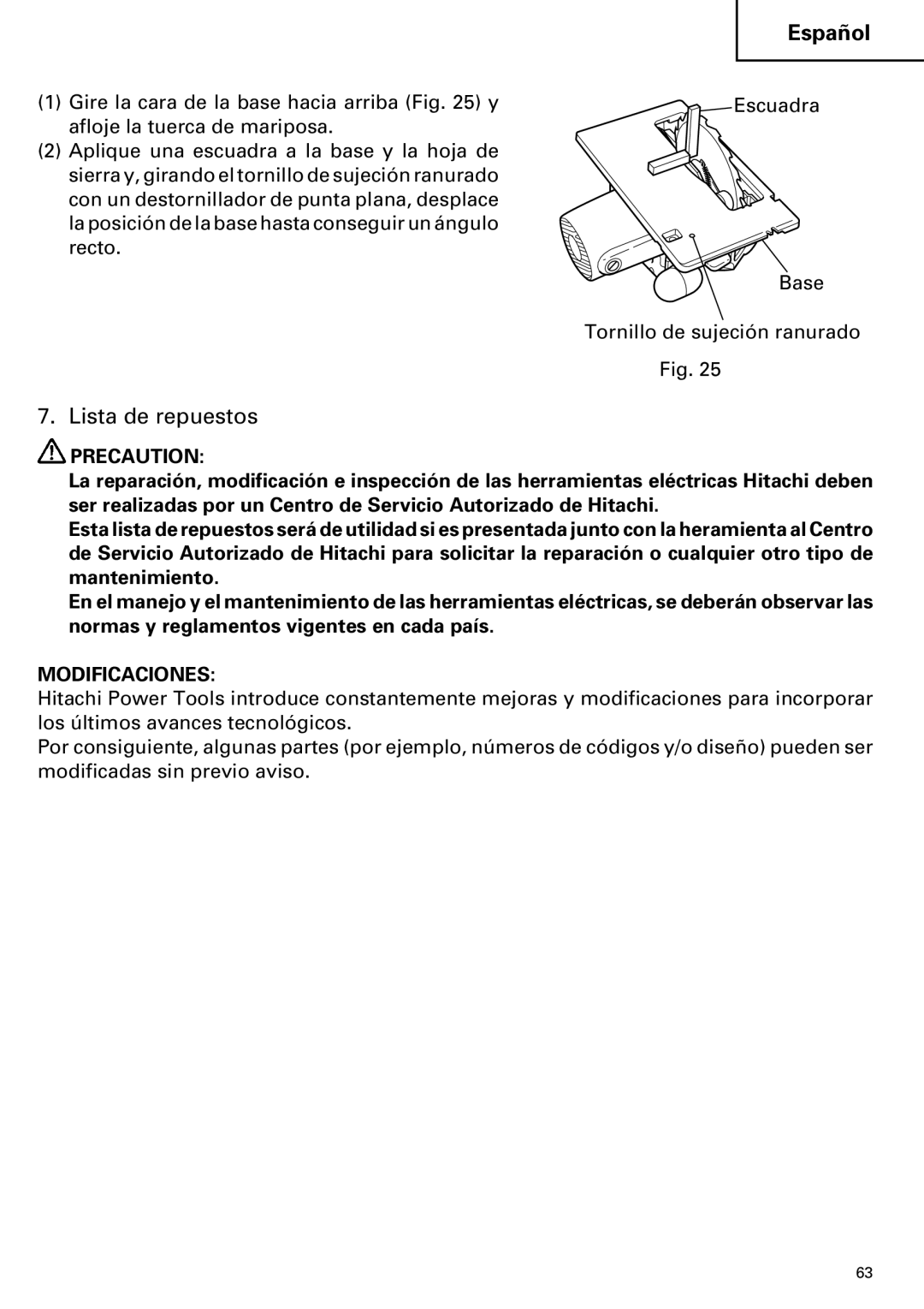 Hitachi C 7YA instruction manual Lista de repuestos, Modificaciones 