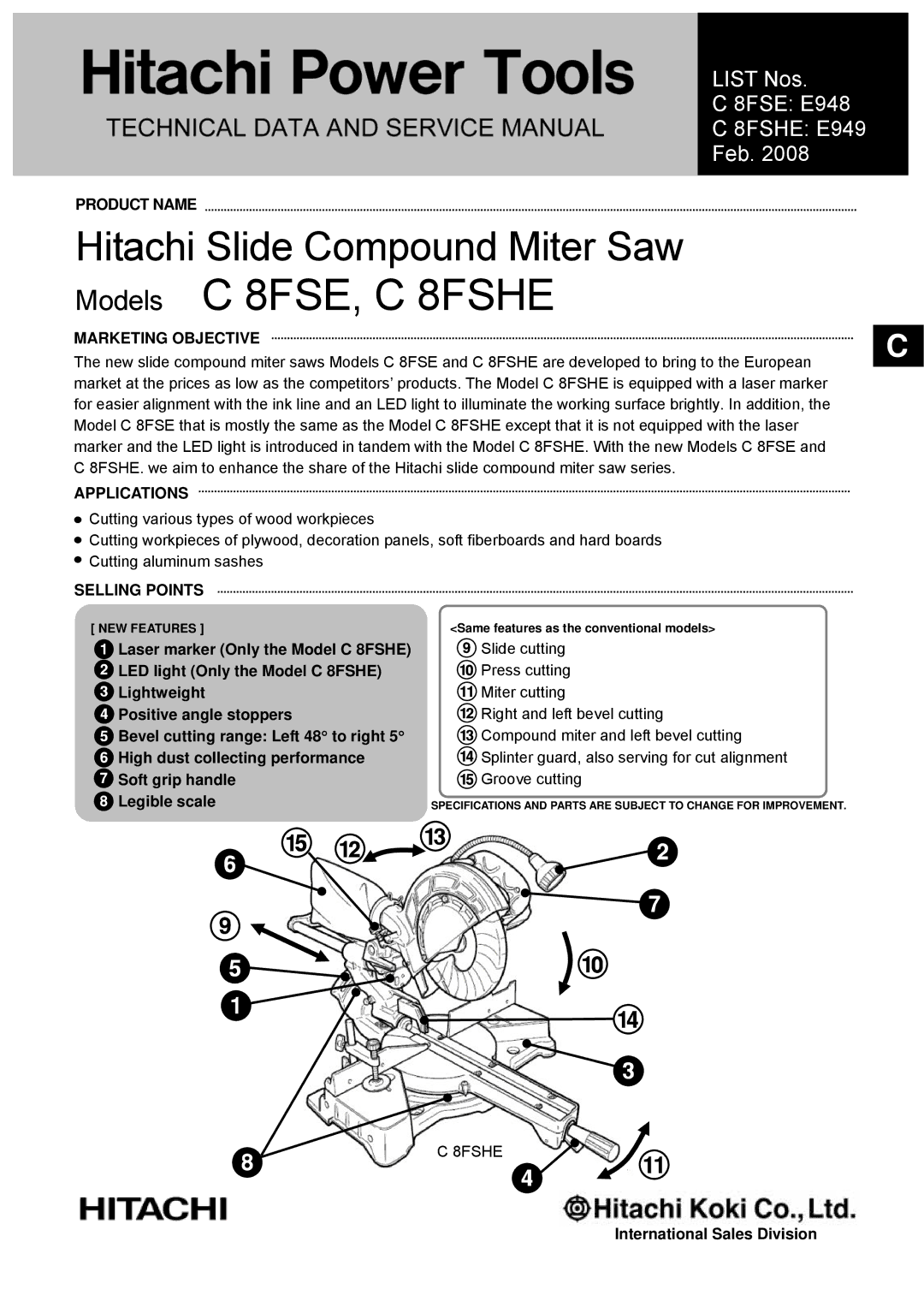 Hitachi specifications Models C 8FSE, C 8FSHE 