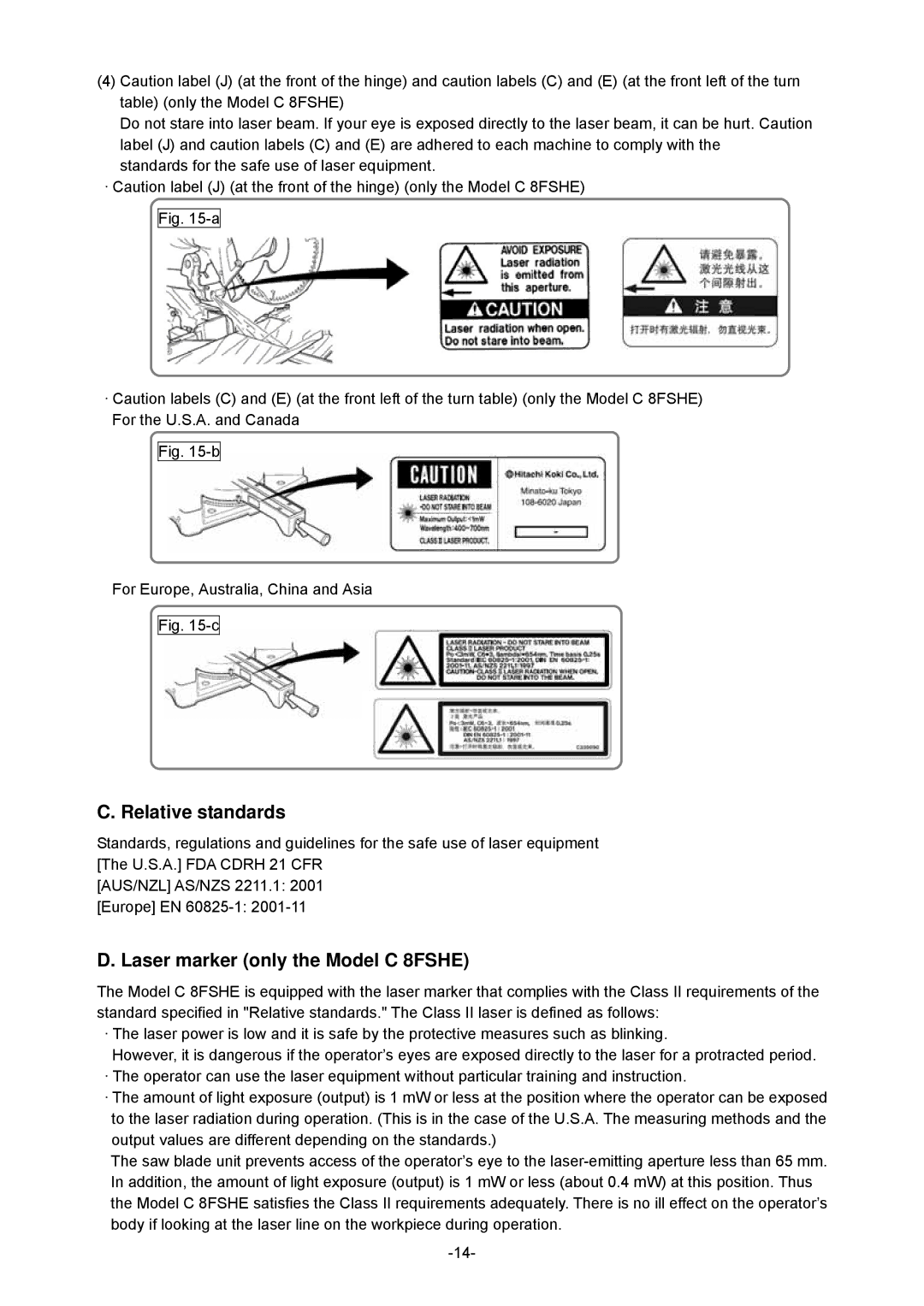 Hitachi C 8FSE specifications Relative standards, Laser marker only the Model C 8FSHE 