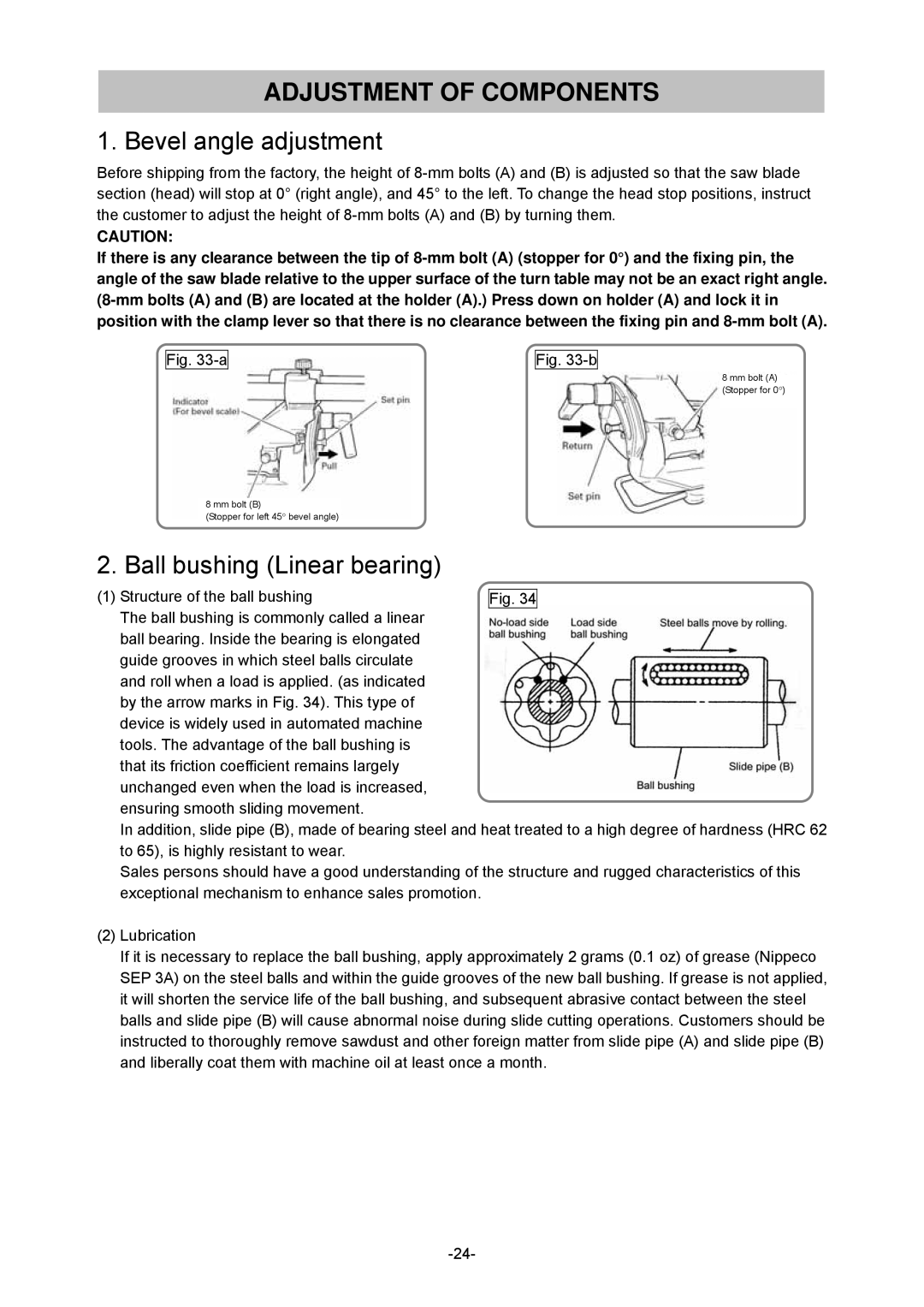 Hitachi C 8FSHE, C 8FSE specifications Adjustment of Components, Bevel angle adjustment, Ball bushing Linear bearing 