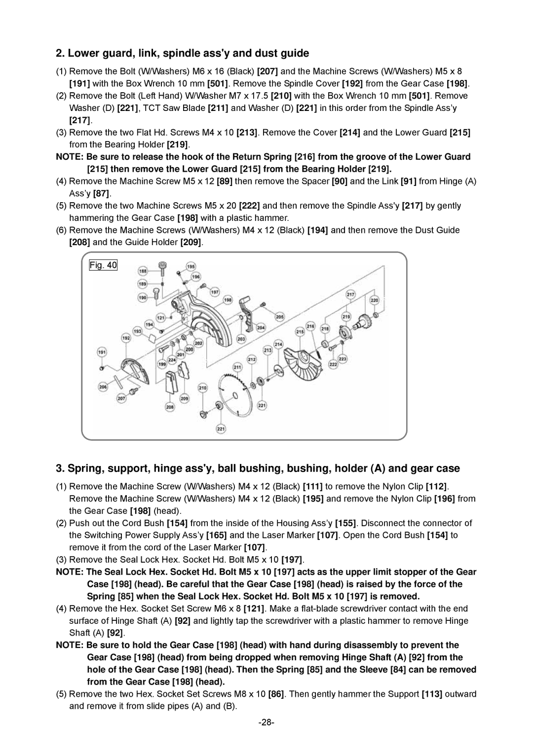 Hitachi C 8FSHE Lower guard, link, spindle assy and dust guide, Then remove the Lower Guard 215 from the Bearing Holder 