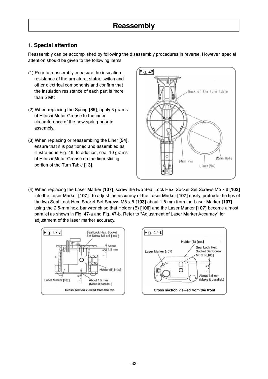 Hitachi C 8FSE, C 8FSHE specifications Reassembly, Special attention 