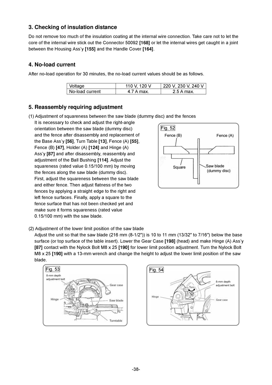 Hitachi C 8FSHE, C 8FSE specifications Checking of insulation distance, No-load current, Reassembly requiring adjustment 