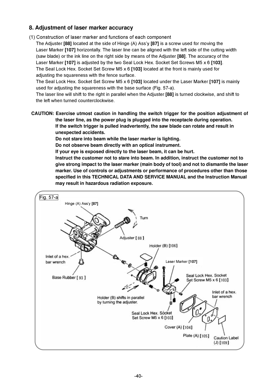 Hitachi C 8FSHE, C 8FSE specifications Adjustment of laser marker accuracy 