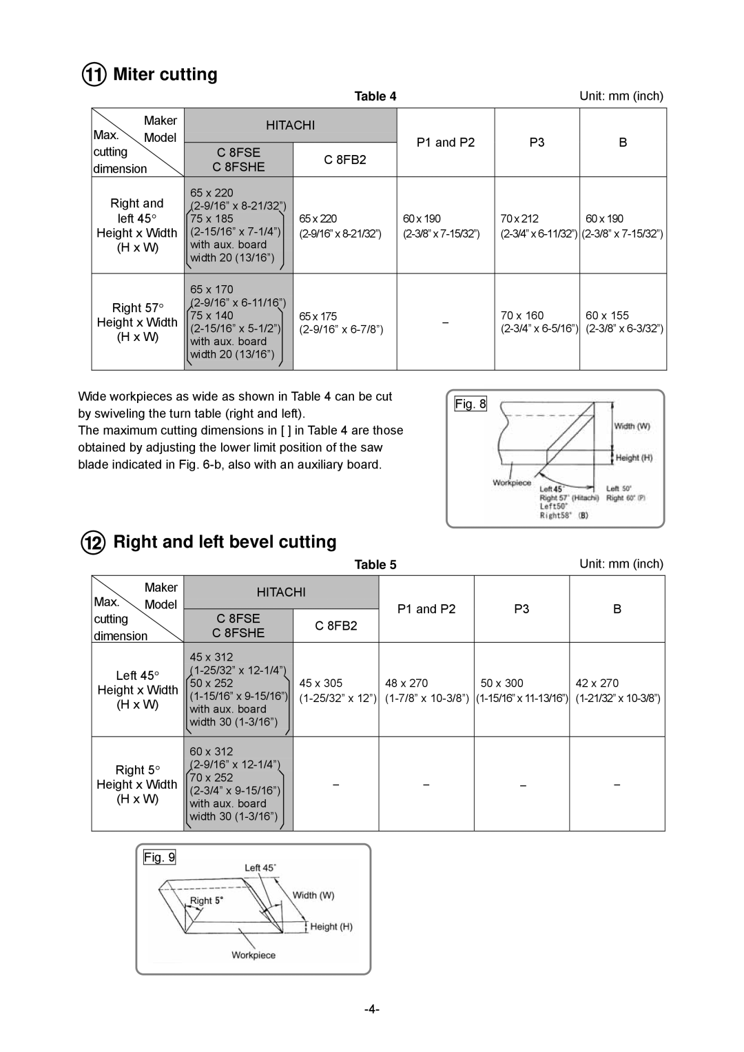 Hitachi C 8FSHE, C 8FSE specifications Miter cutting 