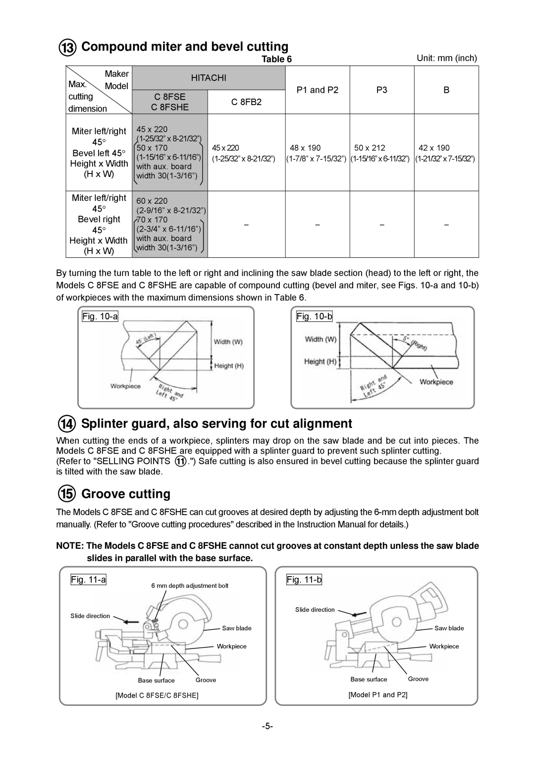 Hitachi C 8FSE, C 8FSHE specifications Compound miter and bevel cutting 