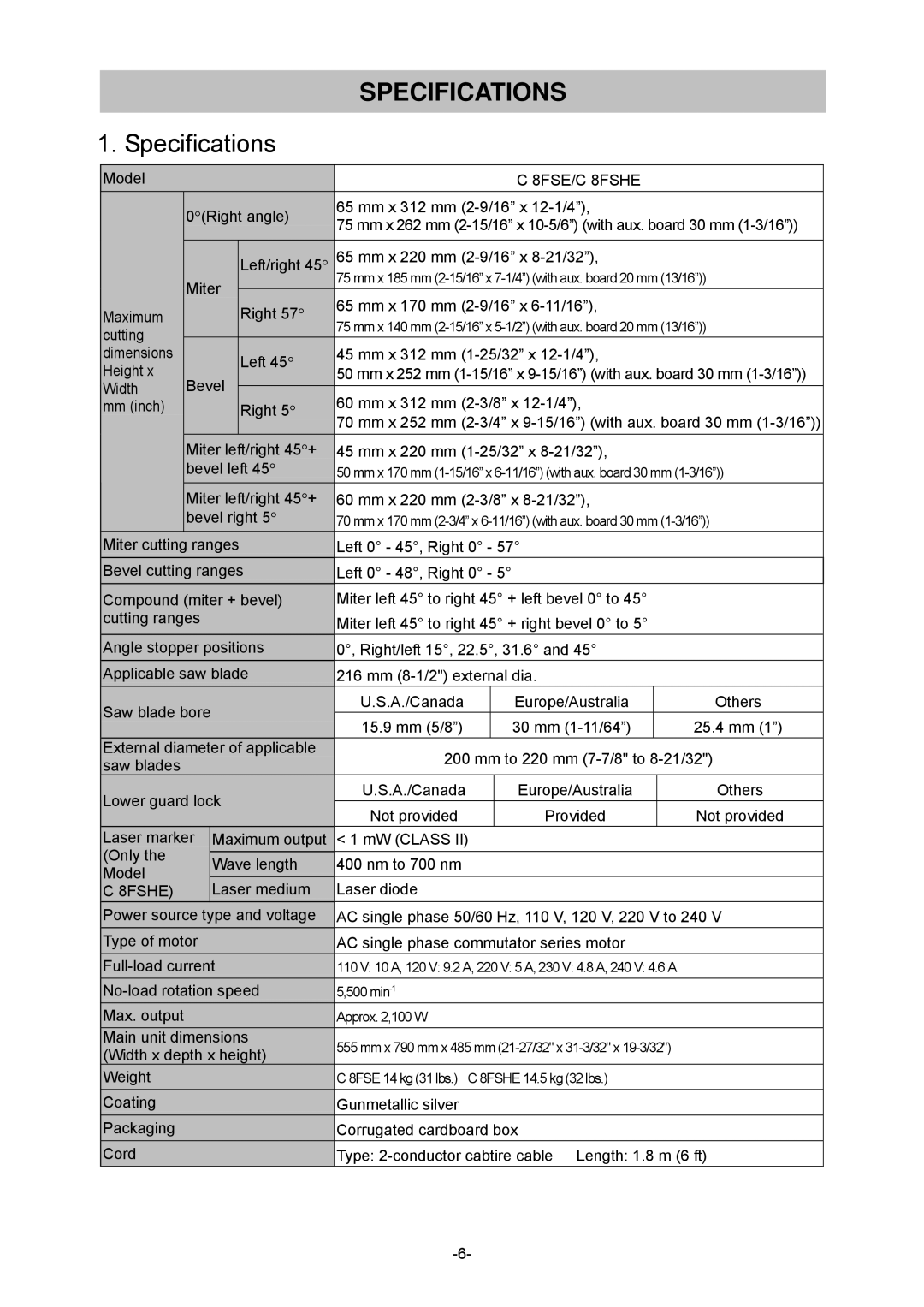 Hitachi C 8FSHE, C 8FSE specifications Specifications 